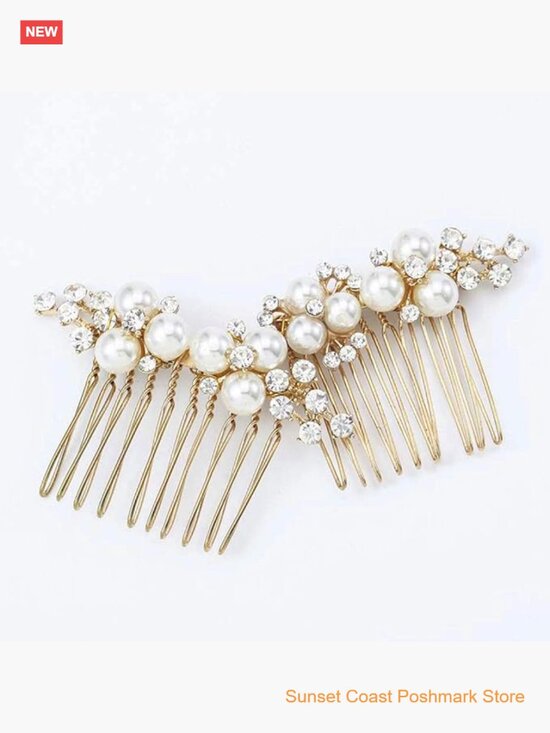 Gold Wedding Pearl Hair Comb Bride Crystal Hairpiece Bridal Rhinestone Hair